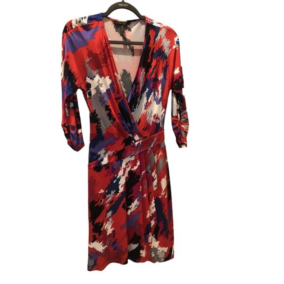 BCBGMAXAZRIA Red Blue Combo Printed Dress Women's Size Small 3/4 Sleeve V Neck E - Picture 3 of 7